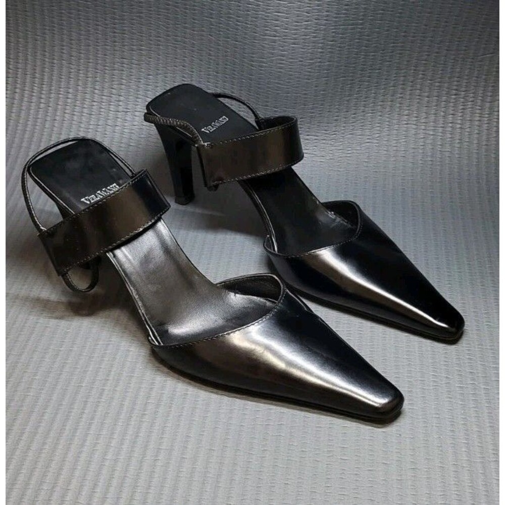 Vera Wang Black Leather Pointed Toe Slingback Slide Heel Size 9